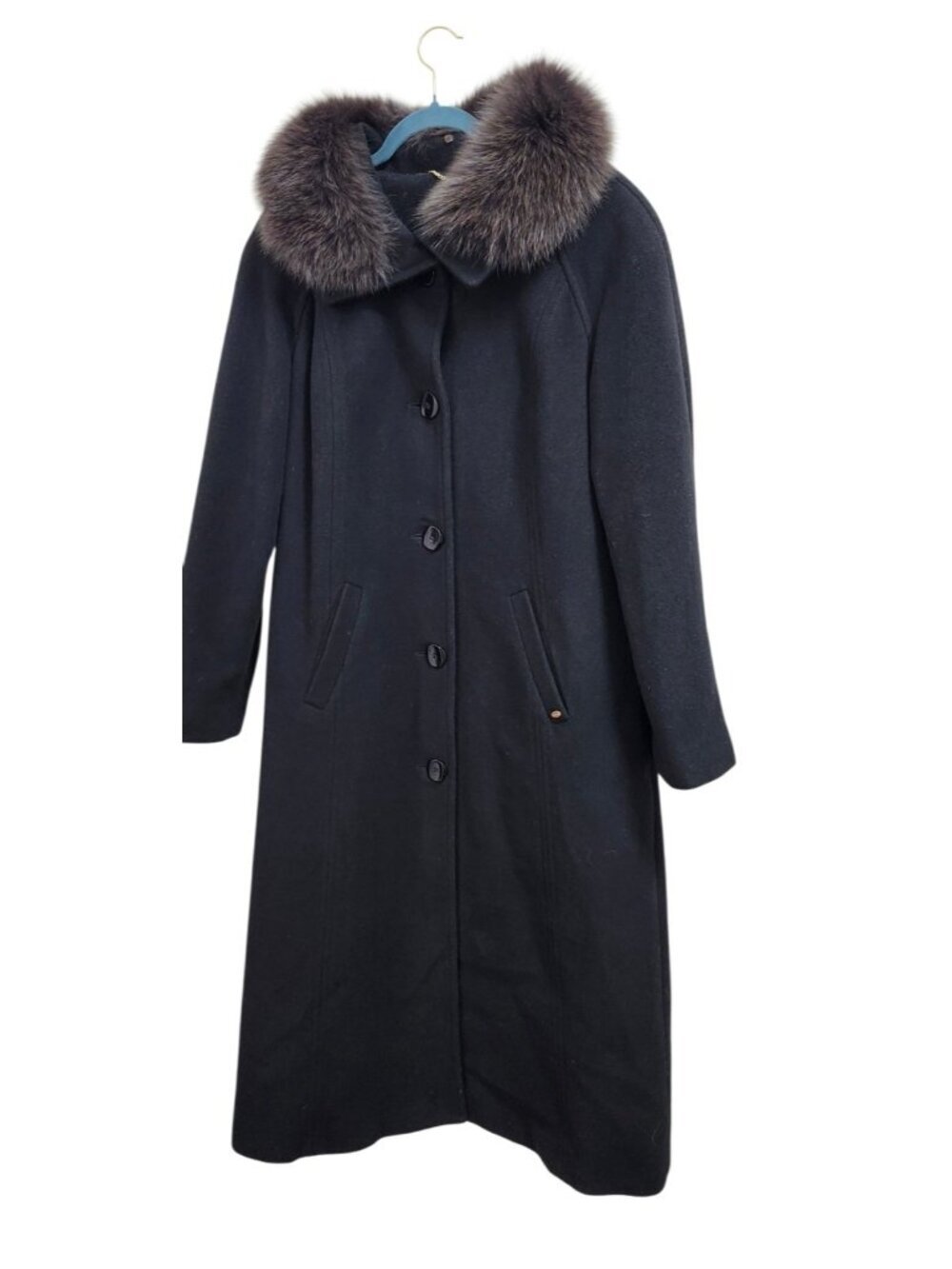 Ellen Tracy Black Long Wool Blend Coat Removable Genuine Fur Collar Women's 12 - Picture 2 of 14